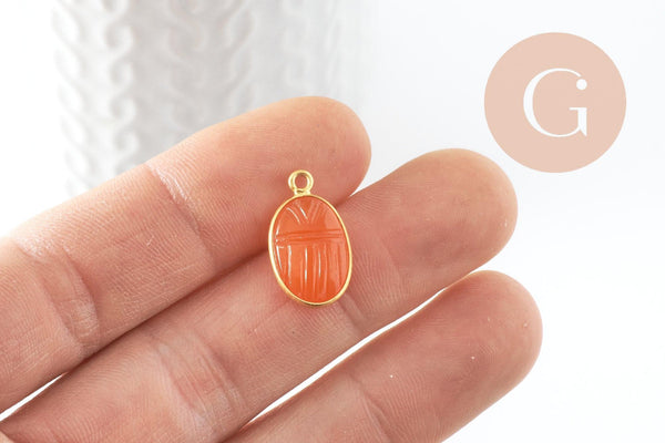 Pendentif scarabée cornaline naturelle argent 925 doré 18K 20mm, création bijou talisman en pierre x1 G9443