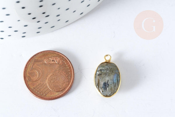 Pendentif scarabée labradorite naturelle argent 925 doré 18K 19mm, création bijoux pierre, x1 G7726