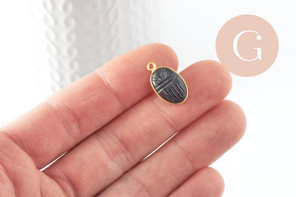 Pendentif scarabée onyx noire naturel argent 925 doré 18K 20mm, création bijou talisman en pierre x1 G9441