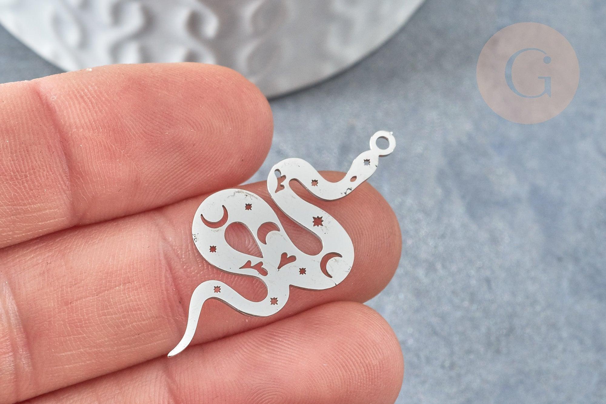 Pendentif serpent lune platine acier inoxydable 32mm, x1 (G7616)