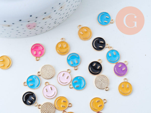 Pendentif smiley zamac doré émail multicolore 12mm, x5 (G6105)