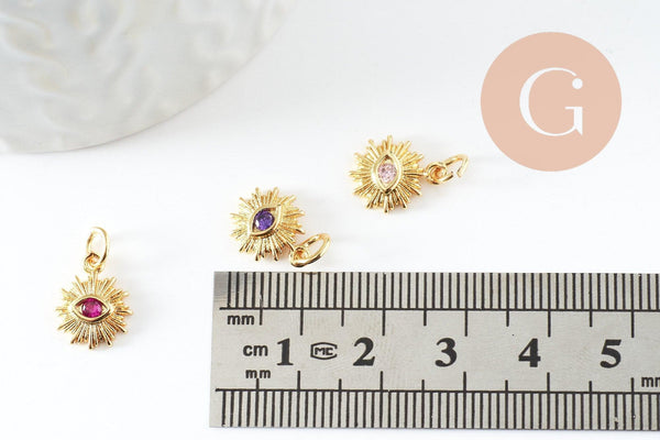 Pendentif soleil laiton doré 18k zircon, pendentif en cristal pour création bijoux porte bonheur pour femme en zircon,12.5mm, x1 (G6195)