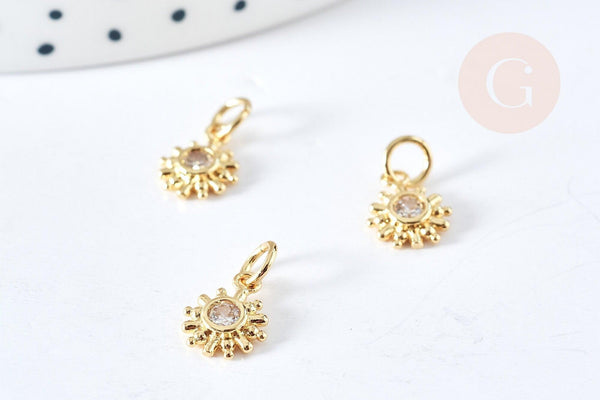 Pendentif soleil laiton doré zircon, pendentif en cristal pour création bijoux porte bonheur pour femme en zircon,10mm, x1 (G4742)