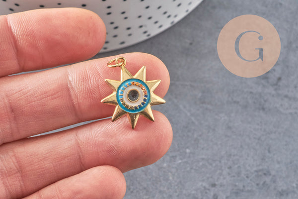 Pendentif soleil oeil cristal zircon émail bleu 21.5mm, x1 (G3555)