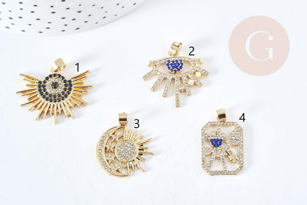 Pendentif soleil oeil protecteur chance zamac doré zircon 18K 13-30mm,Pendentif doré porte-bonheur x1 G7690