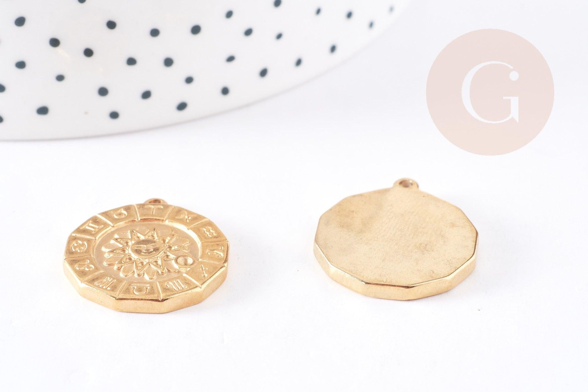 Pendentif soleil zodiaque acier 304 inoxydable doré 24mm,x1 (G4053)