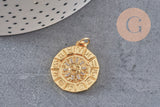 Pendentif soleil zodiaque doré 18K et zircons 21mm, x1 (G4063)