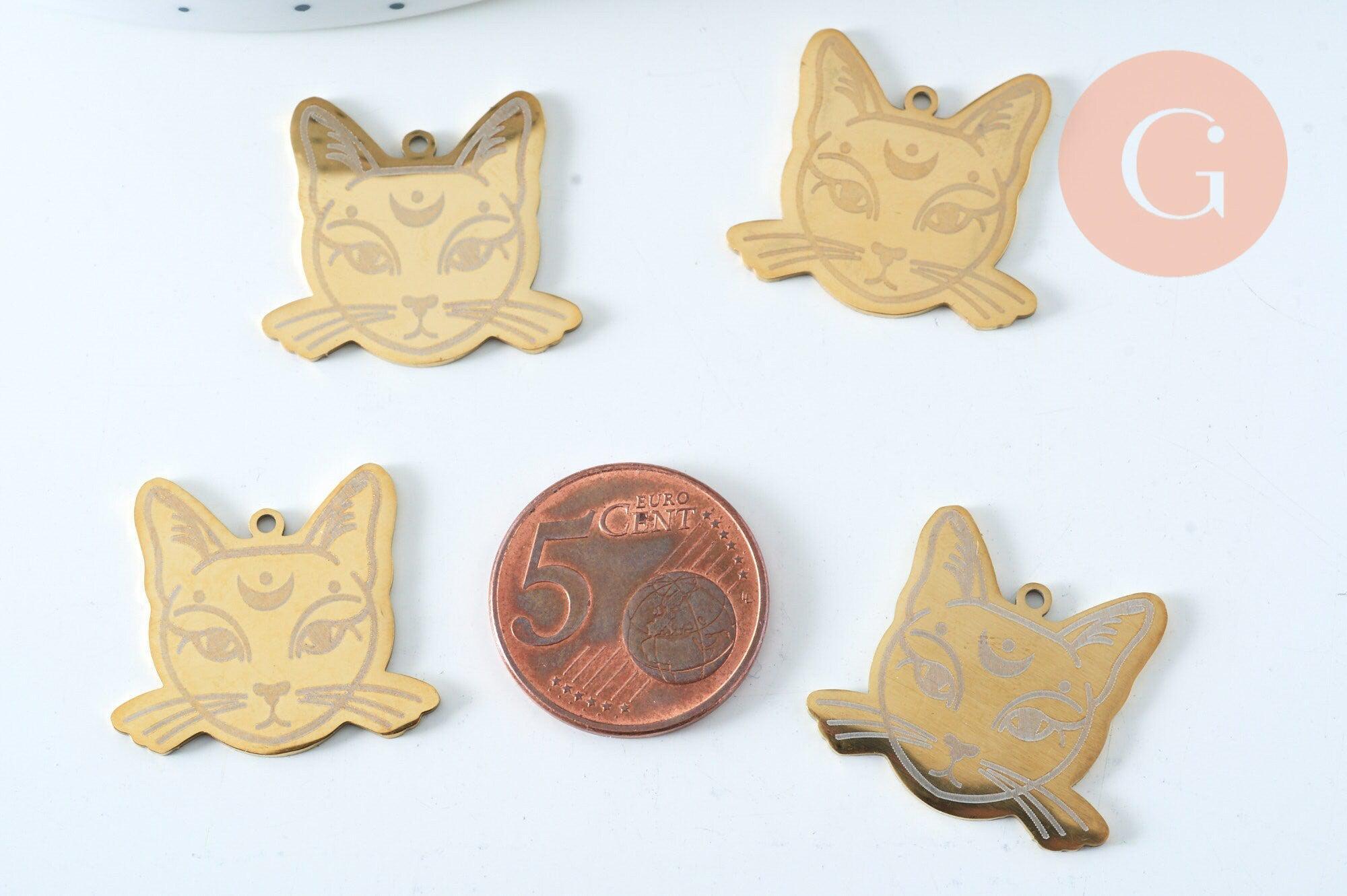 Pendentif tête de chat mystique acier doré inoxydable 22mm doré, x1 (G6017)