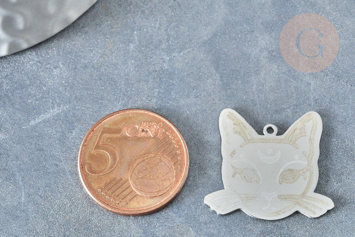 Pendentif tête de chat mystique argenté acier inoxydable 22mm pour la création de bijoux en acier inoxydable, x1 G7614