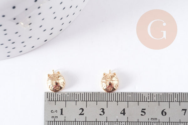 Pendentif tête de chat porte-bonheur laiton doré 18K 11mm, x1 (G9016)