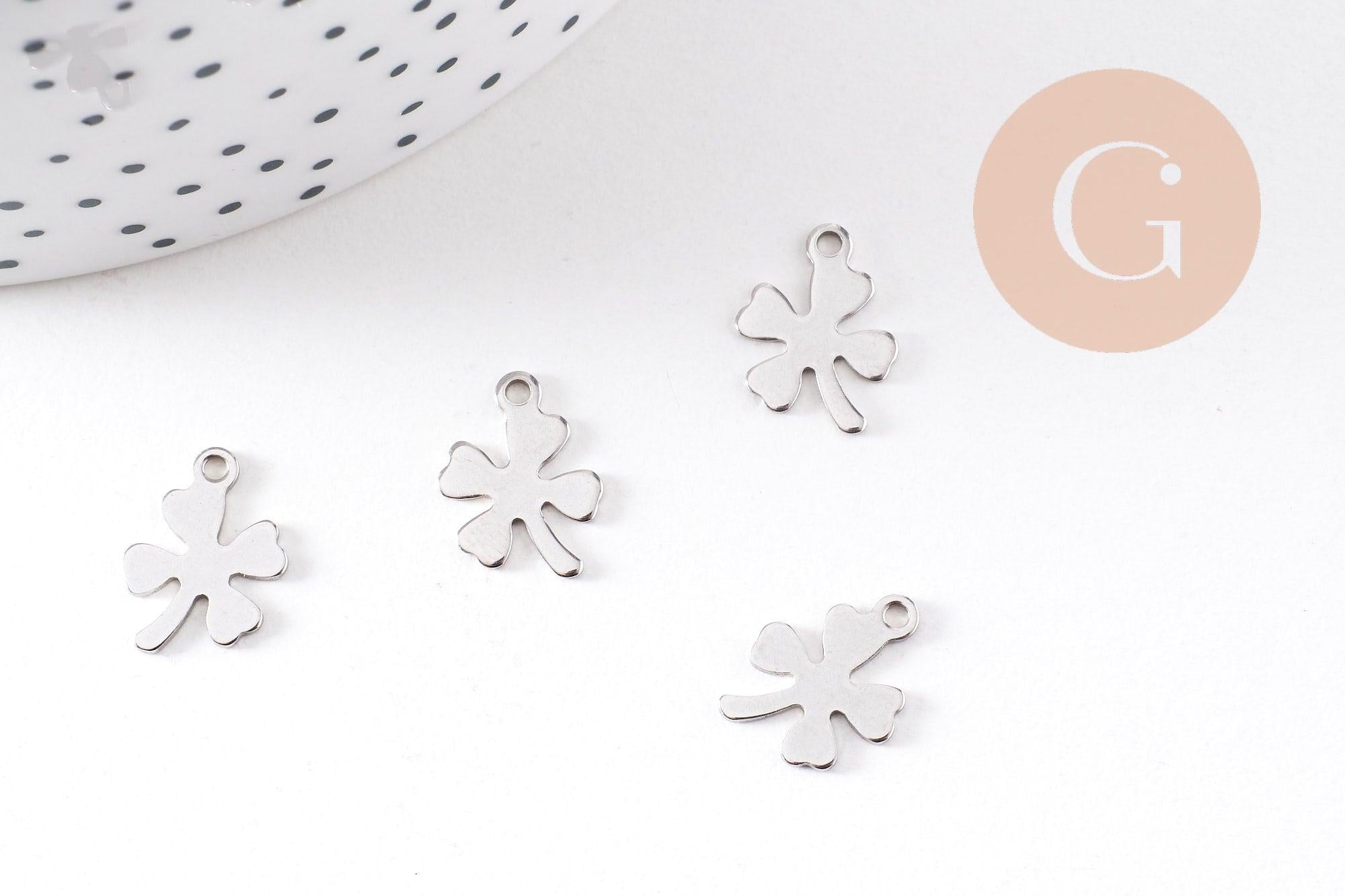 Pendentif trèfle 4 feuilles acier 201 inoxydable platine 13.5mm, x2 (G10482)