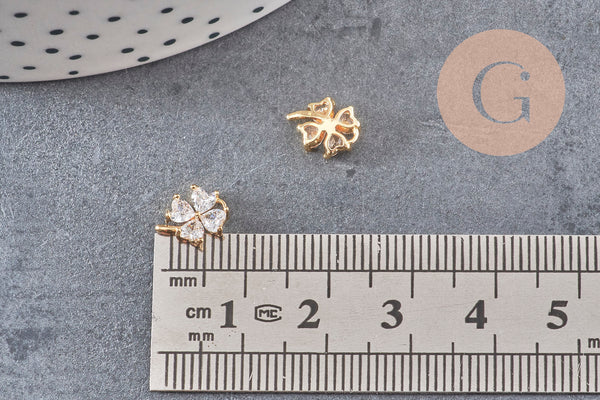 Pendentif trèfle quatre feuilles laiton doré 18K et zircons colorés,breloque laiton feuille, bijoux doré chance,9mm, x1 (G4460)