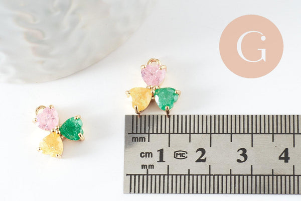 Pendentif trèfle trois feuille laiton doré 18K et zircons colorés,breloque laiton feuille, 14mm, x1 (G4457)