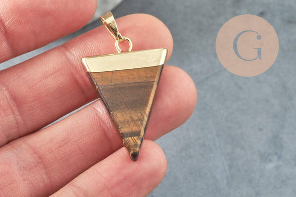 Pendentif triangle oeil de tigre naturel laiton doré 30-40mm, x1 (G5213)