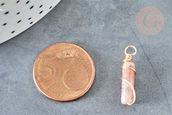 Pendentif tube Jade naturel marron support cuivre doré 20~21x5mm, pendentif pierre, x1 (G8335)