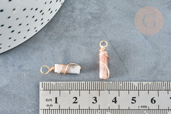 Pendentif tube Jade naturel marron support cuivre doré 20~21x5mm, pendentif pierre, x1 (G8335)