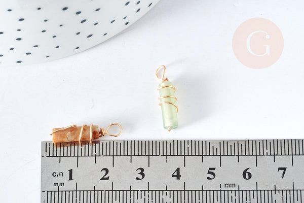 Pendentif tube Jade naturel multicolore support cuivre doré 20~21x5mm, pendentif pierre, x1 (G8396)