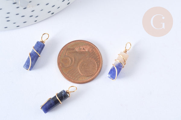 Pendentif tube bleue naturelle cuivre doré 20~21mm, pierre naturelle, x1 (G7590)