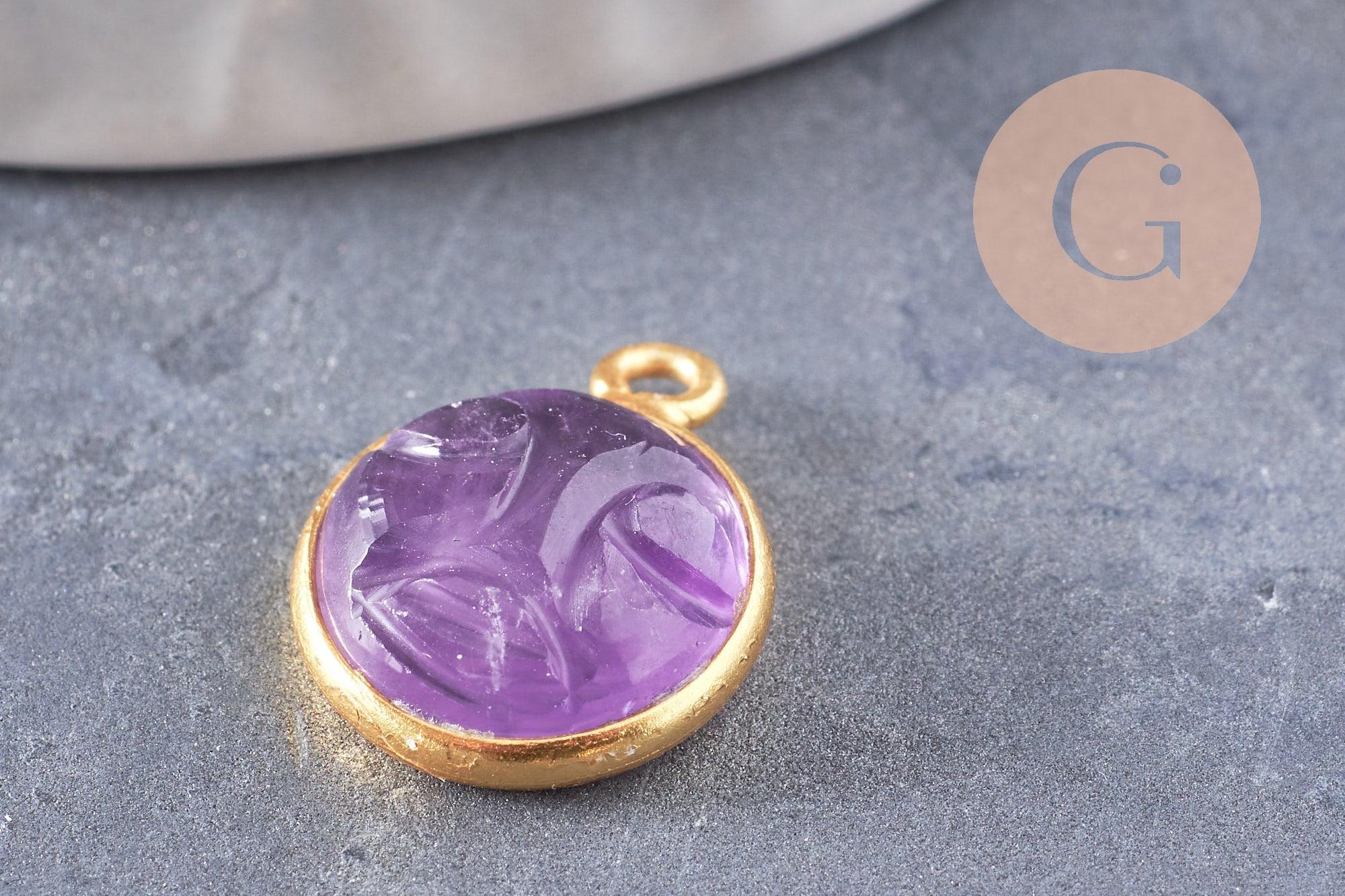 Pendentif visage de lune améthyste naturel argent 925 doré 18K 19mm,pendentif amulette pierre naturelle x1 (G9874)