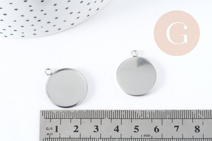 Pendentifs Support cabochon rond acier 304 inoxydable platine 25mm, x1 (G8939)