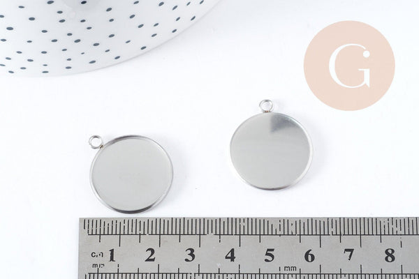 Pendentifs Support cabochon rond acier 304 inoxydable platine 25mm, x1 (G8939)