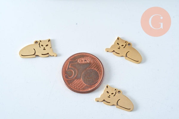 Pendentifs chat couché acier doré inoxydable 18mm, pendentif en forme de chat pour la création de bijoux acier doré, x1 (G6012)