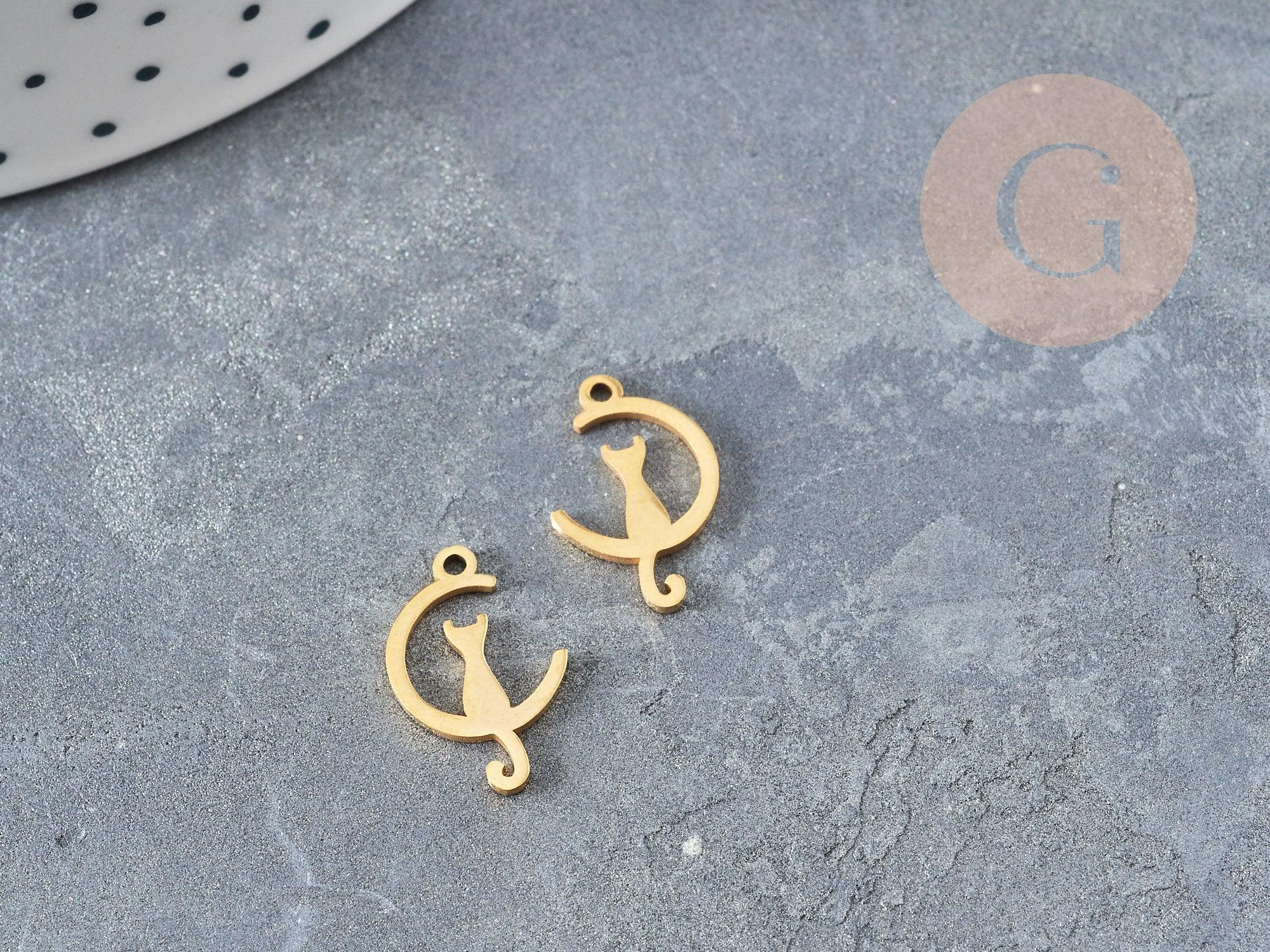 Pendentifs chat en acier 201 doré inoxydable 17.5mm, croissant de lune en forme de chat, création bijou acier doré x1 G4832