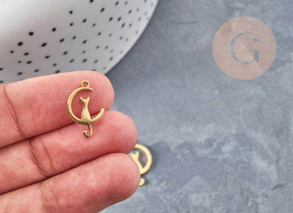 Pendentifs chat en acier 201 doré inoxydable 17.5mm, croissant de lune en forme de chat, création bijou acier doré x1 G4832