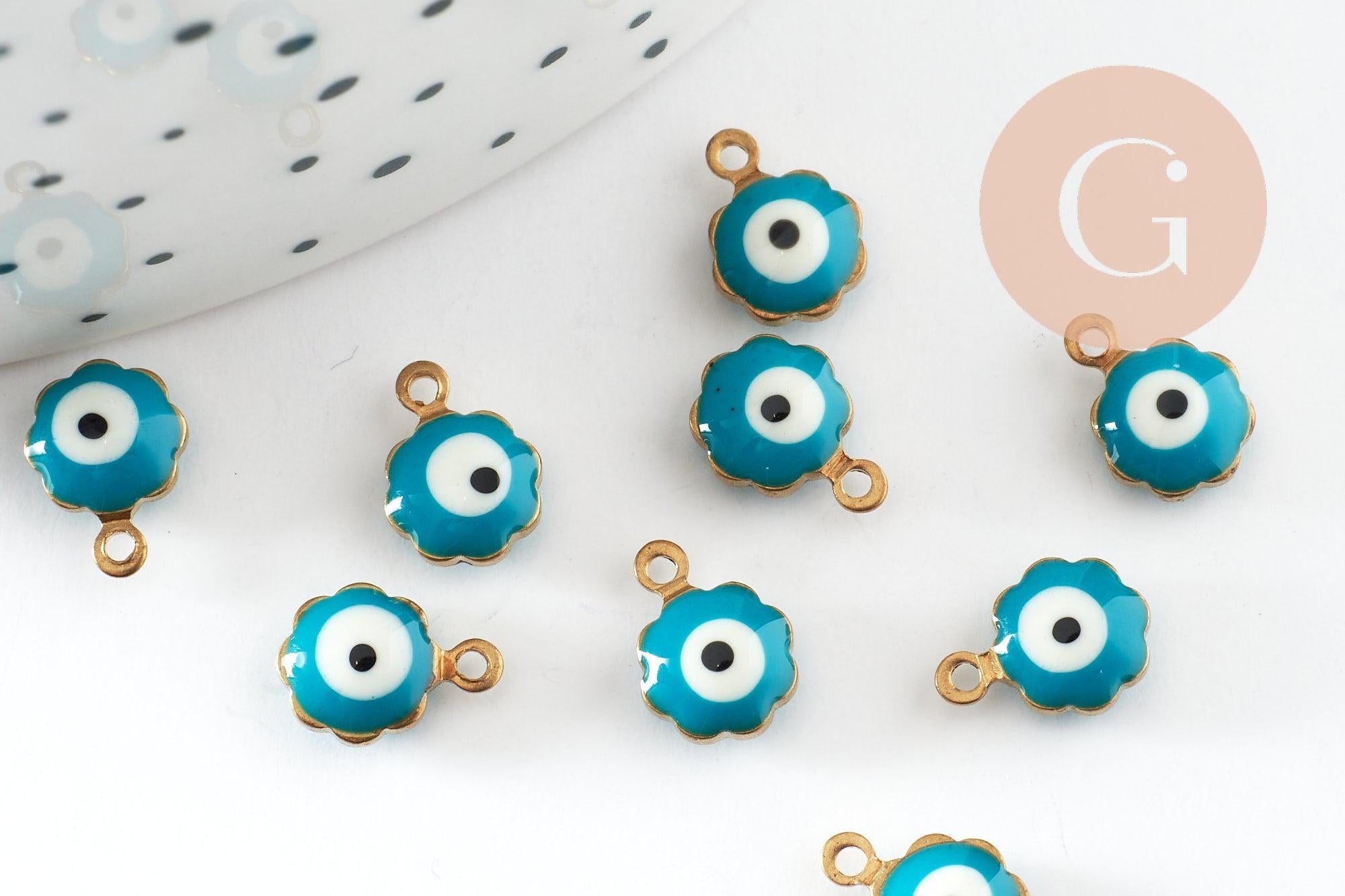 Pendentifs doré Fleur émail bleu, mauvais oeil, laitondoré, pendentif chance, 9mm, x10 G1574