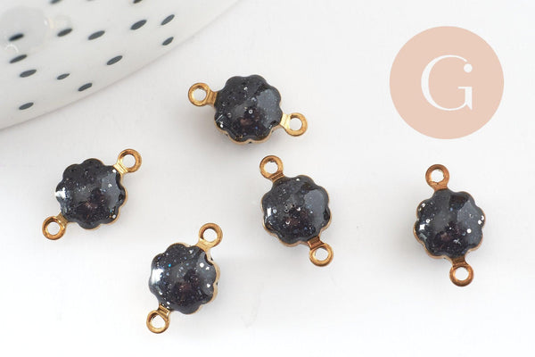 Pendentifs doré Fleur émail noir paillettes pour création bijoux,9mm, x10 G4304