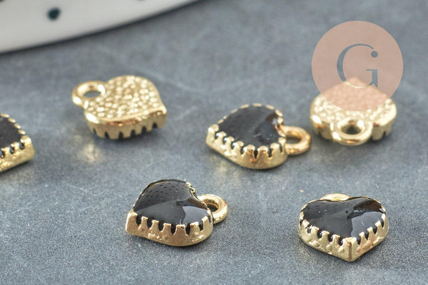 Pendentifs doré cœur émail noir, pendentif coeur, métal doré, pendentif amour, 8mm, x10 G1883