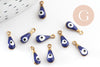 Pendentifs doré goutte Fleur émail bleu foncé, mauvais oeil, laiton doré, pendentif chance, 9mm, x10 G3560