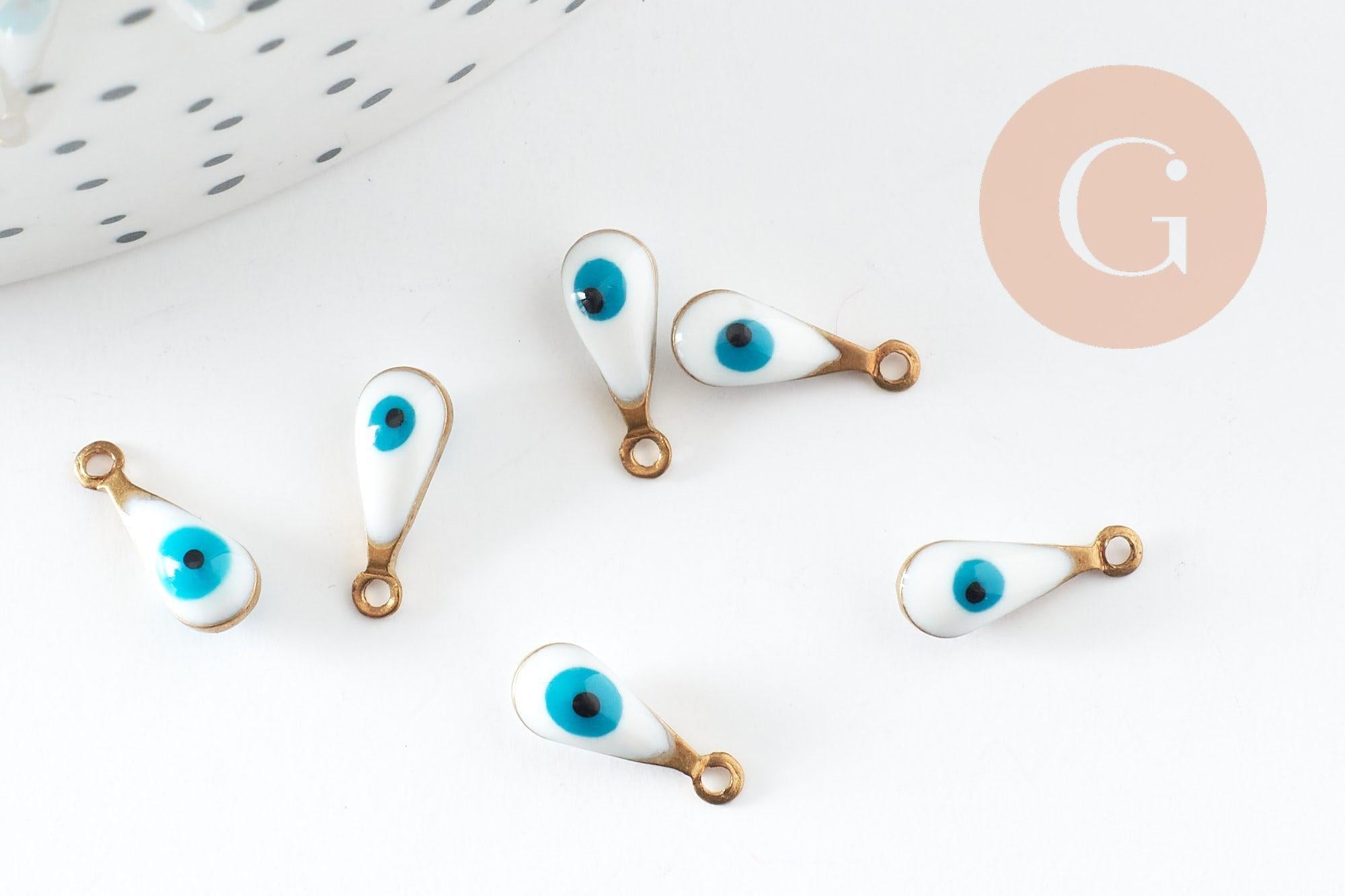 Pendentifs doré goutte émail blanc, mauvais oeil, laiton doré, pendentif chance,création bijoux,9mm, x10 G3330