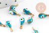 Pendentifs doré goutte émail bleu turquoise, mauvais oeil, laiton doré, pendentif chance,création bijoux,9mm, x10 G3327