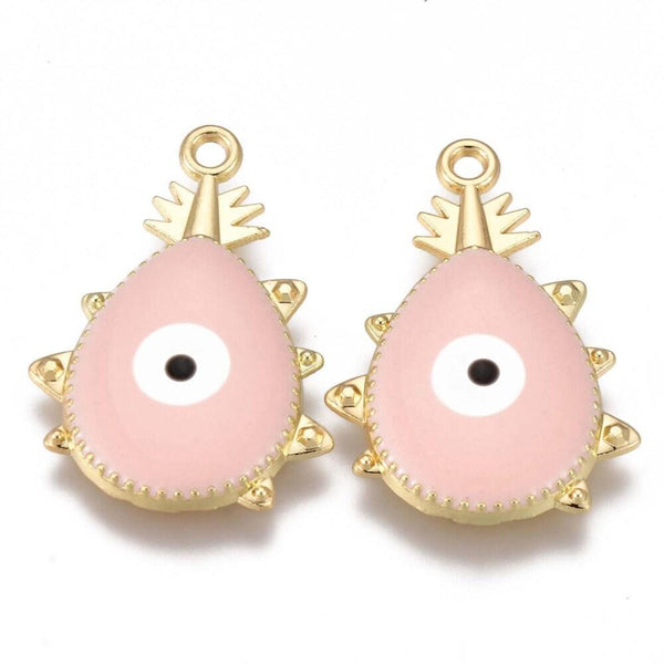 Pendentifs doré goutte émail rose zamac doré oeil protecteur, pendentif chance,28mm, x1 (G5471)