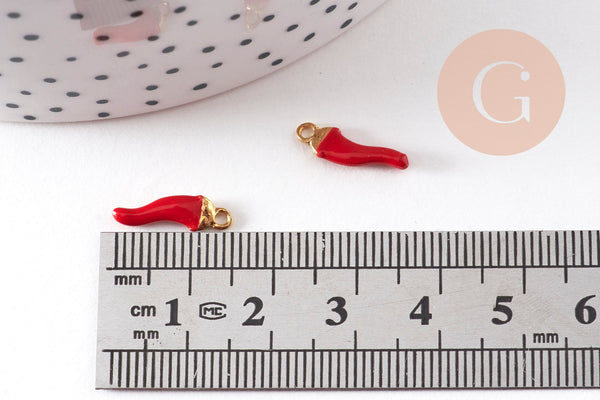 Pendentifs doré piment émail rouge 15mm,breloque laiton doré, pendentif coloré,création bijoux, x10 G2962
