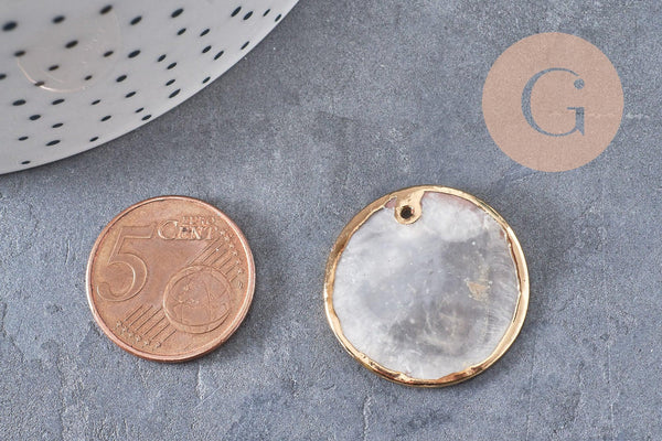 Pendentifs dorés ronds coquillages en nacre naturelle blanche 25mm x2 (G2434)