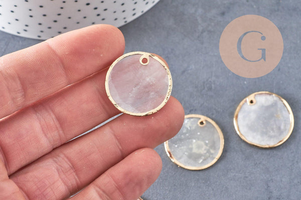 Pendentifs dorés ronds coquillages en nacre naturelle blanche 25mm x2 (G2434)