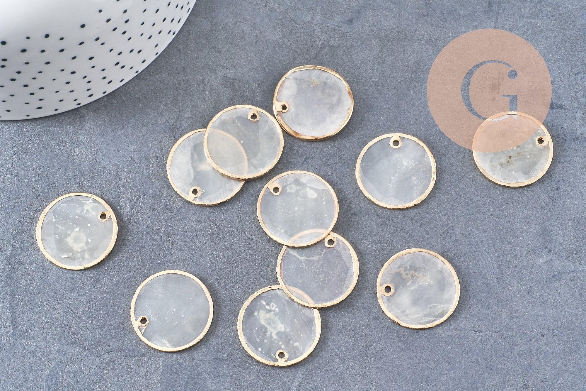 Pendentifs dorés ronds coquillages en nacre naturelle blanche 25mm x2 (G2434)