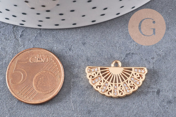 Pendentifs éventail en laiton laiton doré 18K zircon 14mm, un adorable pendentif pour la création de bijoux DIY, x1 (G5980)
