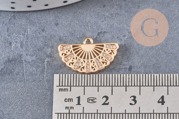 Pendentifs éventail en laiton laiton doré 18K zircon 14mm, un adorable pendentif pour la création de bijoux DIY, x1 (G5980)