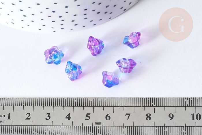 Perle Fleur verre transparent bleu-violet 10mm, perle verre fleur, perle artisanale verre, x20 (G7961)