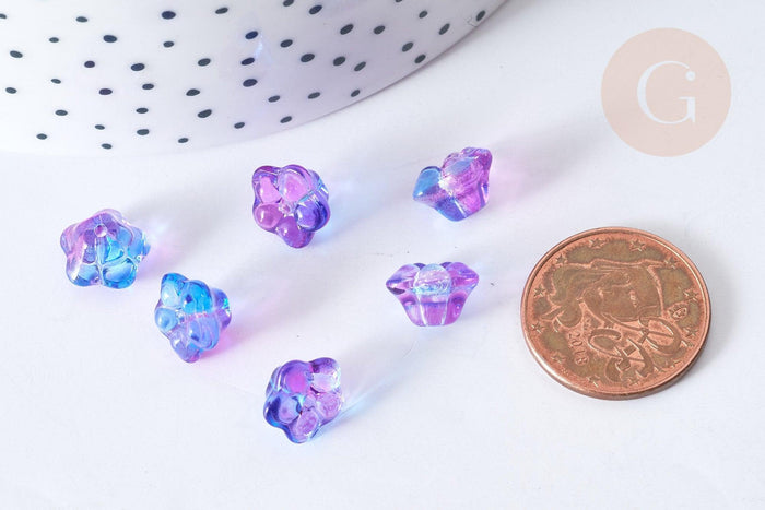 Perle Fleur verre transparent bleu-violet 10mm, perle verre fleur, perle artisanale verre, x20 (G7961)