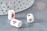 Perle Porcelaine tube blanc cœur rouge 12.5x8.5mm, x10 (G7986)