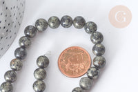 Perle Pyrite Ronde naturelle grise-dorée 8mm, pierre naturelle, x1 fil de 20cm (G7868)
