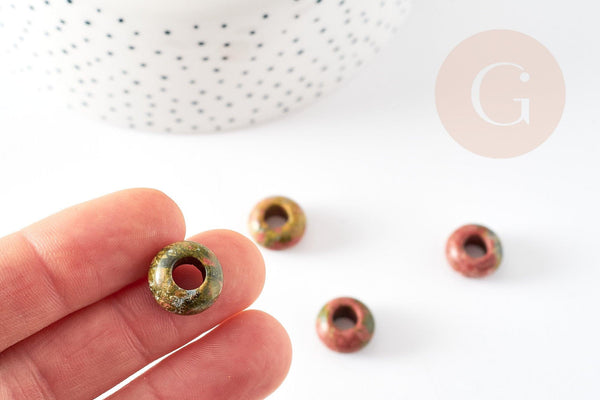 Perle Rondelle donut unakite verte naturelle 14mm, rondelle pierre pour création bijoux x2 (G9215)