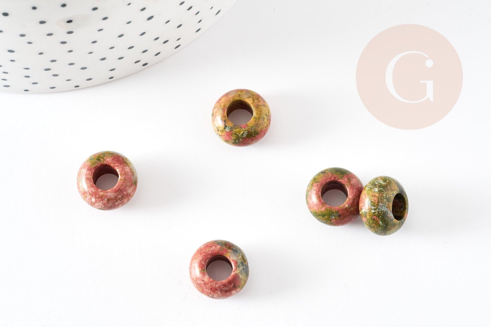 Perle Rondelle donut unakite verte naturelle 14mm, rondelle pierre pour création bijoux x2 (G9215)