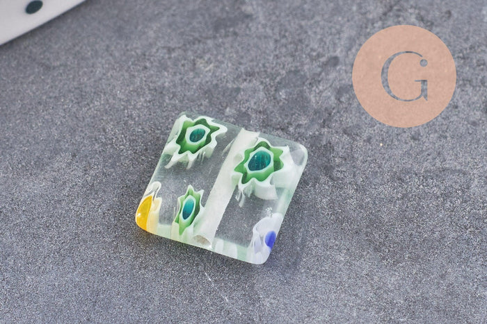 Perle carrée verre millefiori, perle verre,verre artisanal, perle bijou été, 10mm, x5 (G2614)