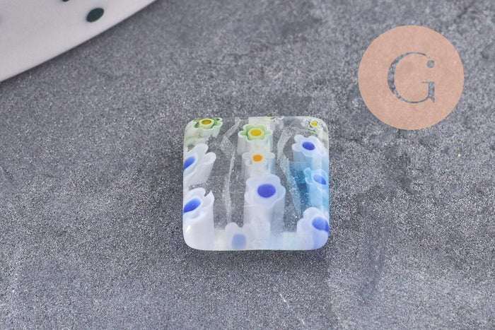 Perle carrée verre millefiori, perle verre,verre artisanal, perle bijou été, 10mm, x5 (G2614)