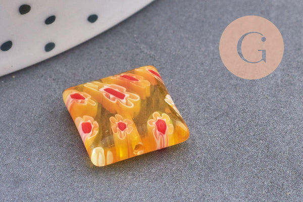 Perle carrée verre millefiori, perle verre,verre artisanal, perle bijou été,création bijoux 11mm, x5 (G5366)